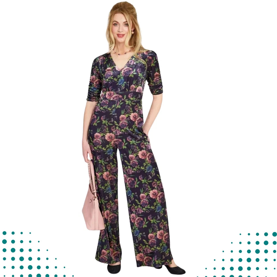 Velvet Retro Vintage Style Floral Wide Jumpsuit