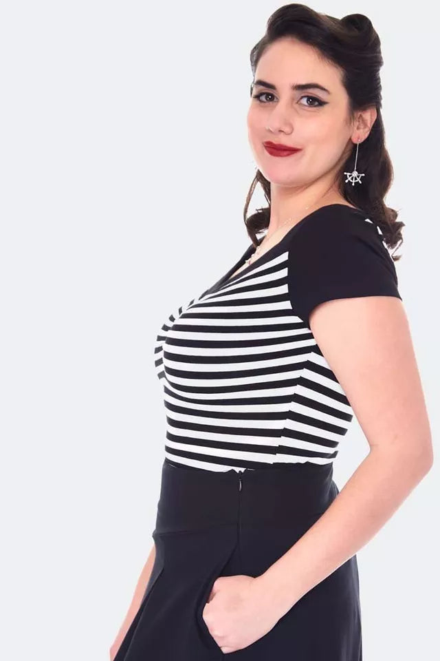 Vintage Style Striped Short Sleeve Retro Low Neck Top