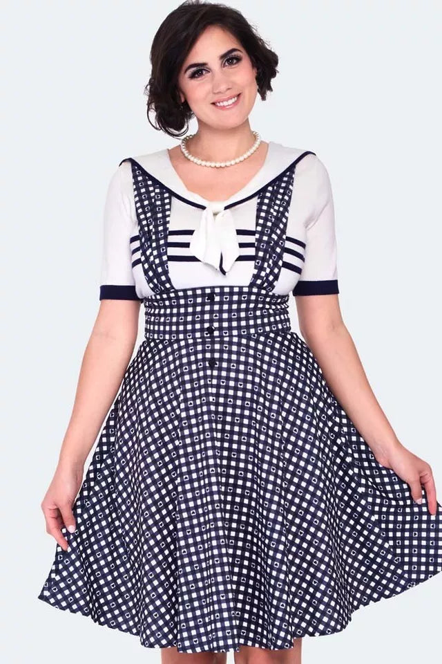 Heart gingham overall flare curve Retro Vintage Style skirt