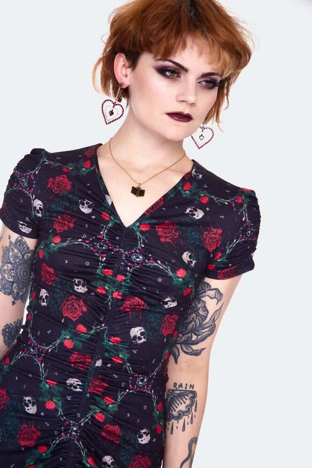 Skull and roses print midi Gothic Alternative Style dress