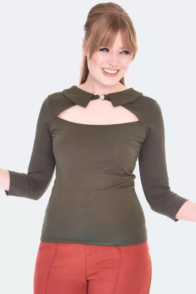 60s Retro Vintage Style Green Cut Out Collared Top