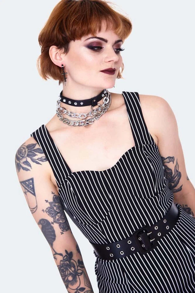 Gothic Pinstripe bodycre dress with waist belt Alternative Style