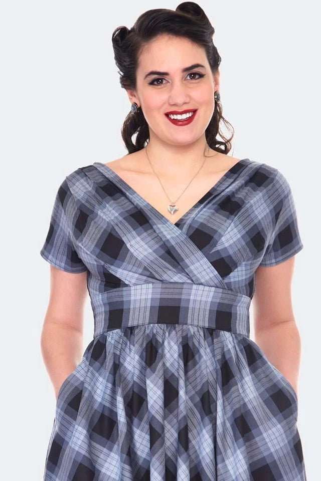 GREY RETRO CHECKED FLARE VINTAGE STYLE DRESS