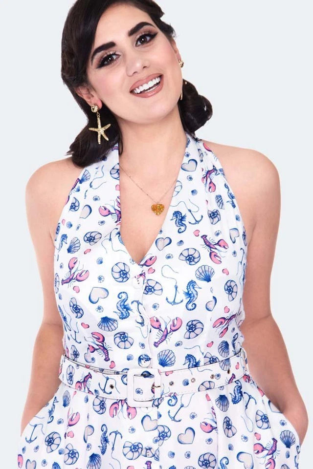 WOMEN RETRO SEA PRINT HALTER NECK FLARE VINTAGE STYLE DRESS