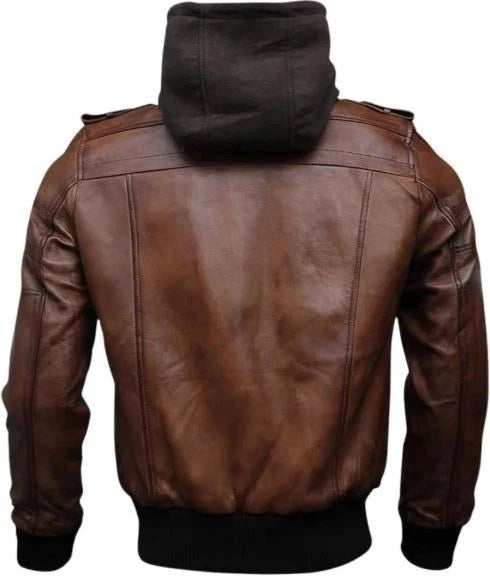 Men Cafe Racer RemovableHooded Bomber Motorcycle Brown Lambskin Leather Jacket