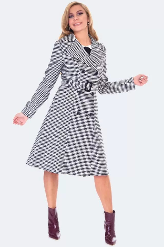 Vintage Inspired Ladies Houndstooth Trench Coat Retro Fashion Style