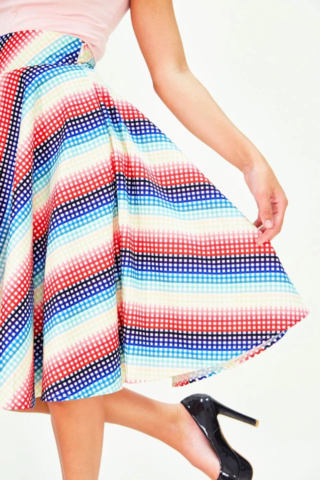 Serene Rainbow gingham high waisted circle Retro Vintage Style skirt