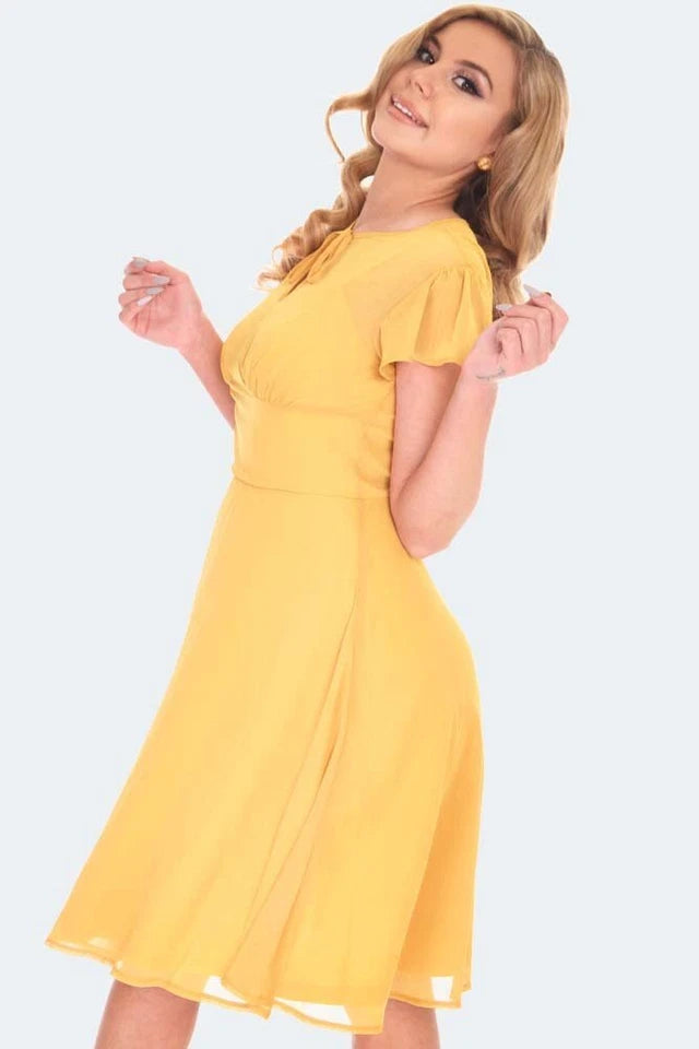 RETRO VINTAGE STYLE YELLOW TIE NECK LACE FLARE DRESS