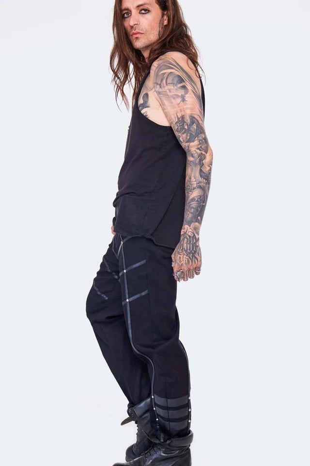 Black Gothic Punk Style Trousers With Leather Trimmed