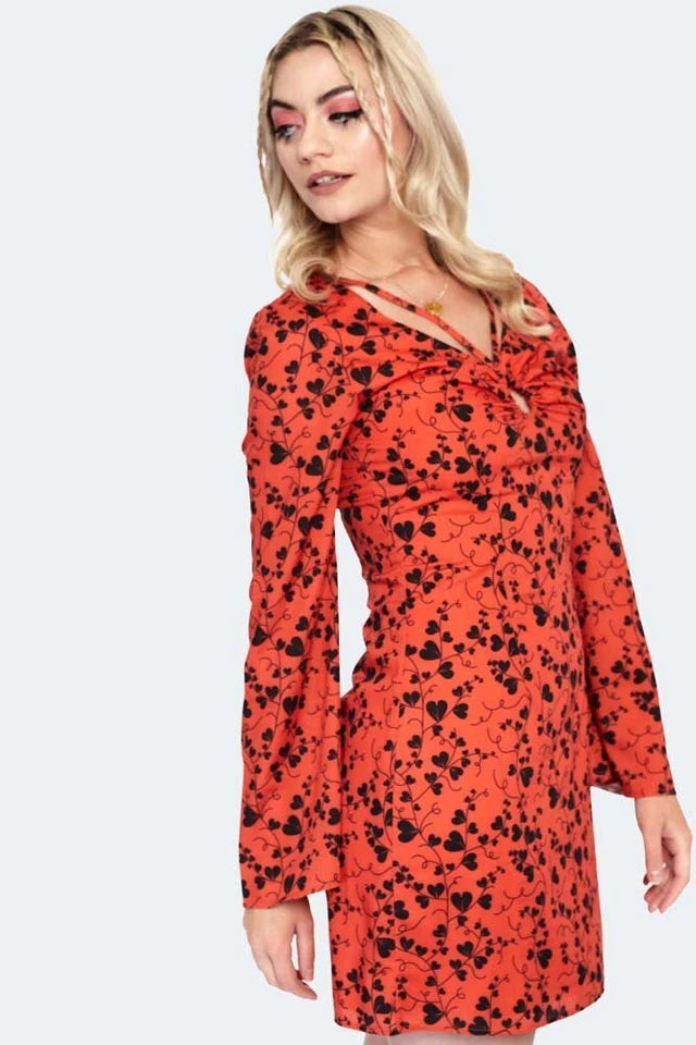 1960s Women Retro Bleeding Hearts Print Flare Sleeve Mini Vintage Style Dress