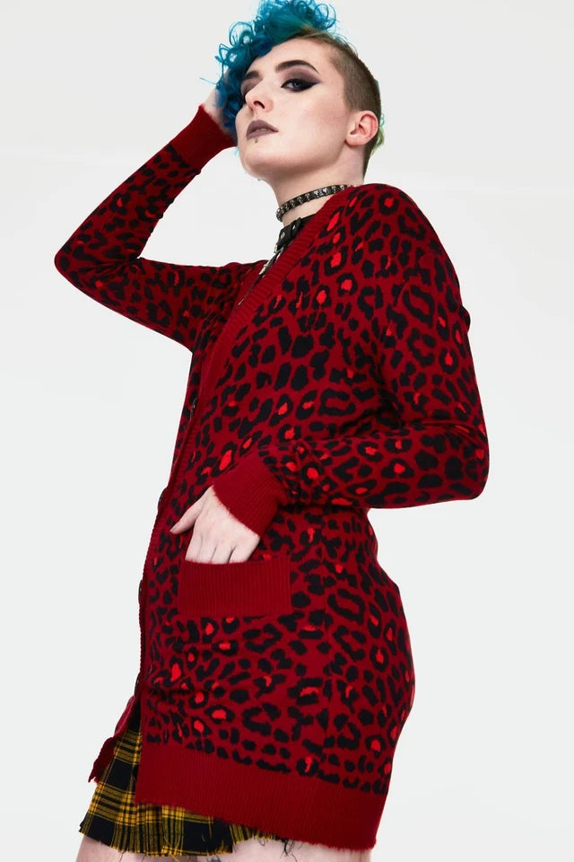 Alternative Fashion Style Maneater Red Leopard Print Oversized Gothic Cardigan