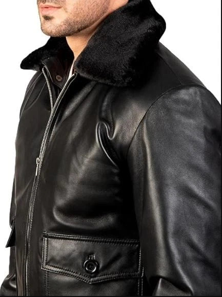 Men's Classic Aviator Style Black Faux Fur Collar Real Leather Bomber Jacket