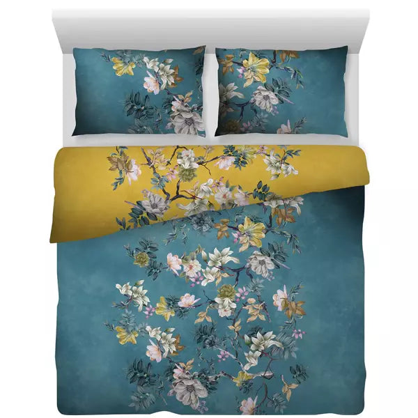 Floral Vine Duvet Quilt Cover Set in Yellow & Blue Premium Quality 100% Cotton