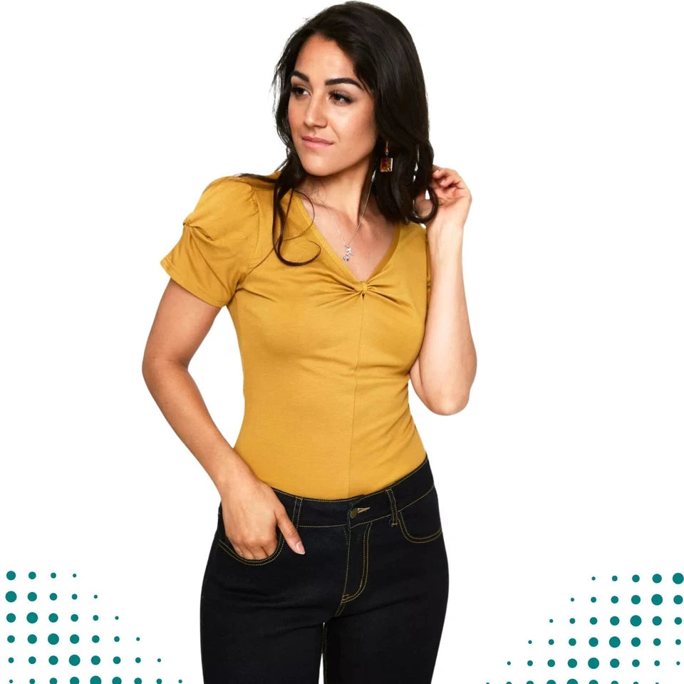 Rhiannon Mustard Retro Bow Vintage Style V-Neck Top