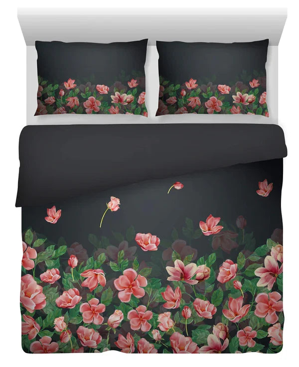 Duvet Quilt Cover Set in Black & Red Premium Quality 100% Cotton Bed of Roses