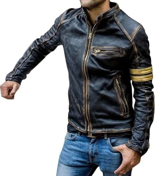 Mens Cafe Racer Golden Stripes Vintage Motorcycle Distress Leather Biker Jacket