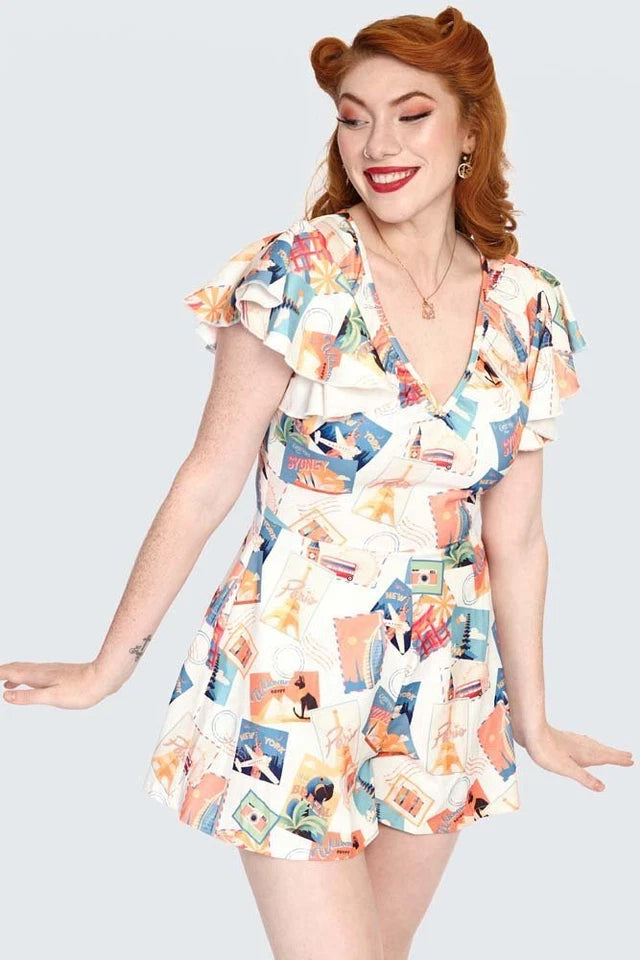 Postcard Print Flutter Collar Retro Vintage Style Playsuit