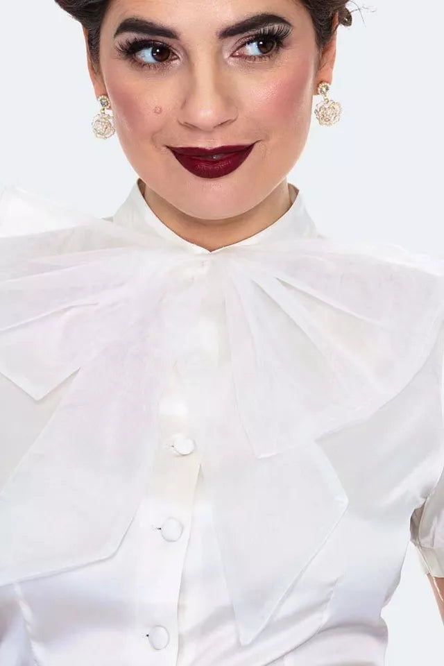 Retro Vintage Style Satin Blouse With Organza Bow