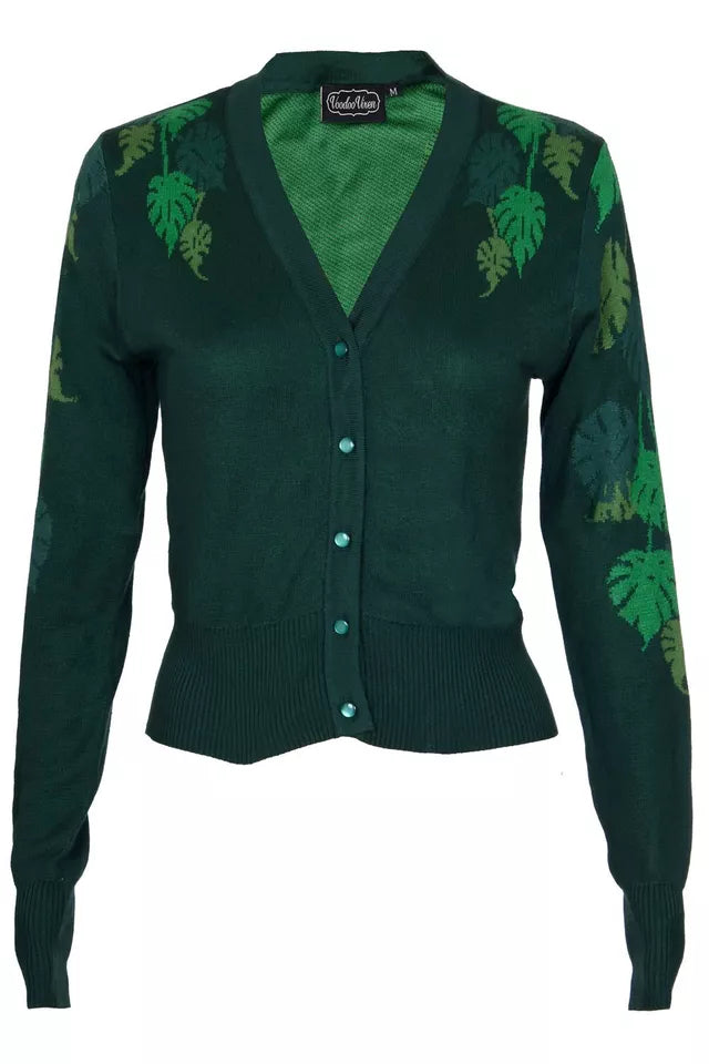 Curve Ivy Green Leaf Print Retro Vintage style Cardigan