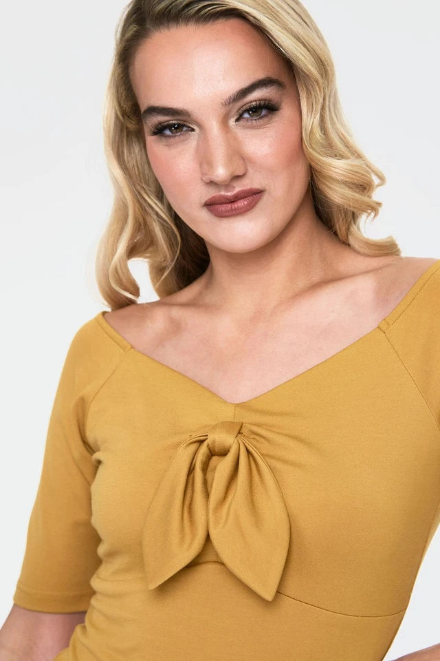 V Neck Retro Style Women Top Anika Mustard Tie Front Pullover Top
