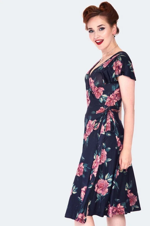 Dark floral flutter sleeve wrap Retro Vintage Style dress