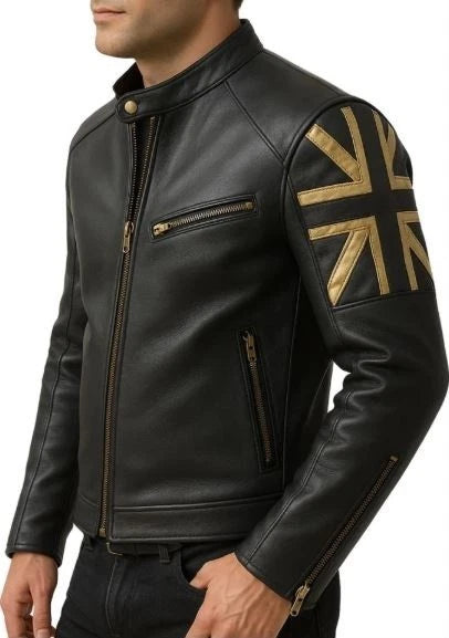 Mens Biker Vintage Motorcycle Black Cafe Racer UK Flag Union Jack Leather Jacket