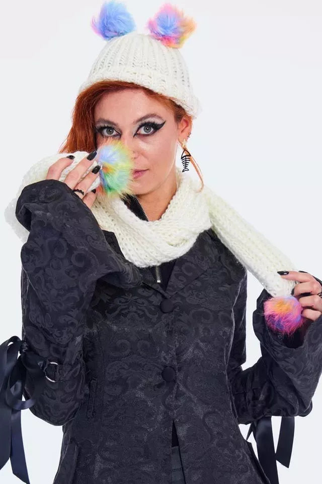 Rainbow Gothic Alternative Style Pom Pom Scarf & Hat Set In Cream