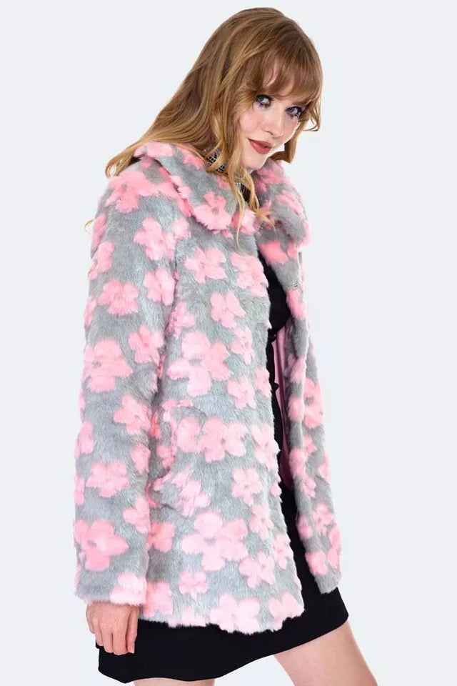 Women Faux Fur Retro Flower Pattern Coat Vintage Fashion