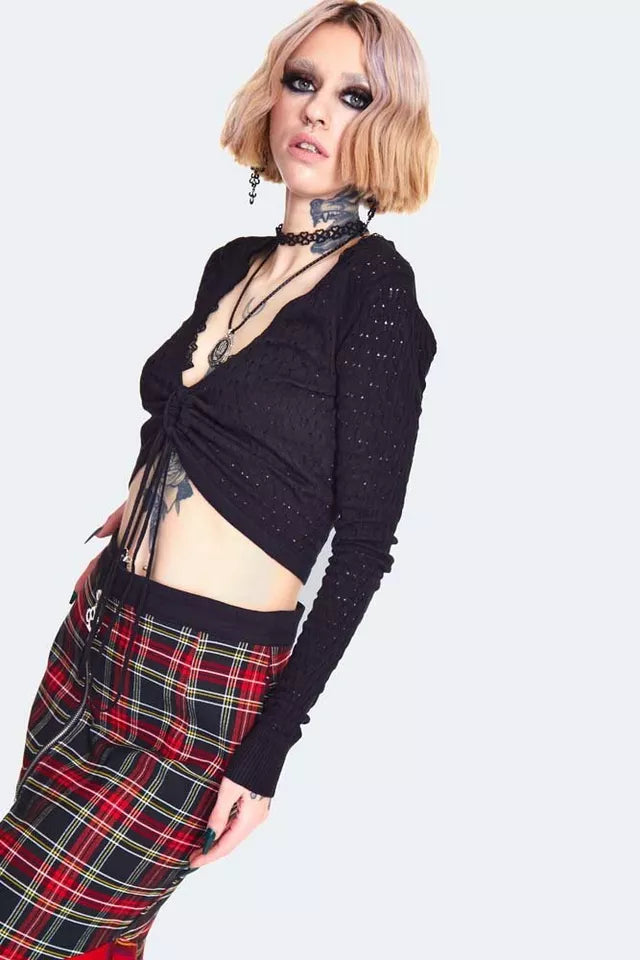 Gothic Lace Knit Drawstring Sweater Alternative Style Fashion