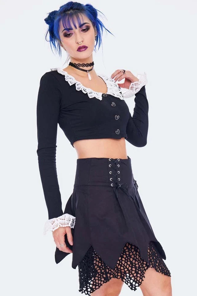 Alternative Style Long Sleeve Gothic Crop Top With Lace Trim Punk