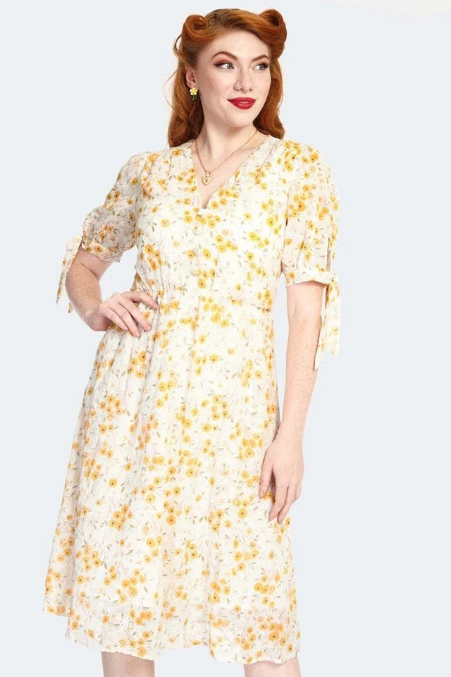 Retro Vintage Style Tie Sleeve Floral Pattern Flare Dress