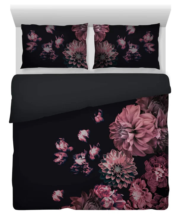 Duvet Quilt Cover Set in Black & Pink Premium Quality 100% Cotton Cosmic FloraL