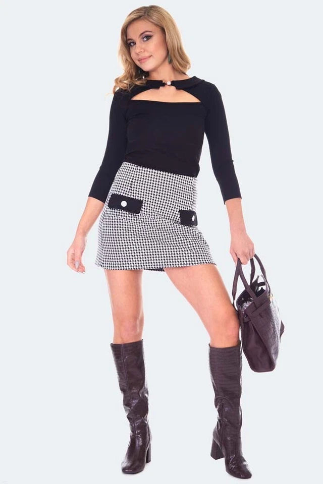 60s Retro Vintage Style Black Cut Out Collared Top
