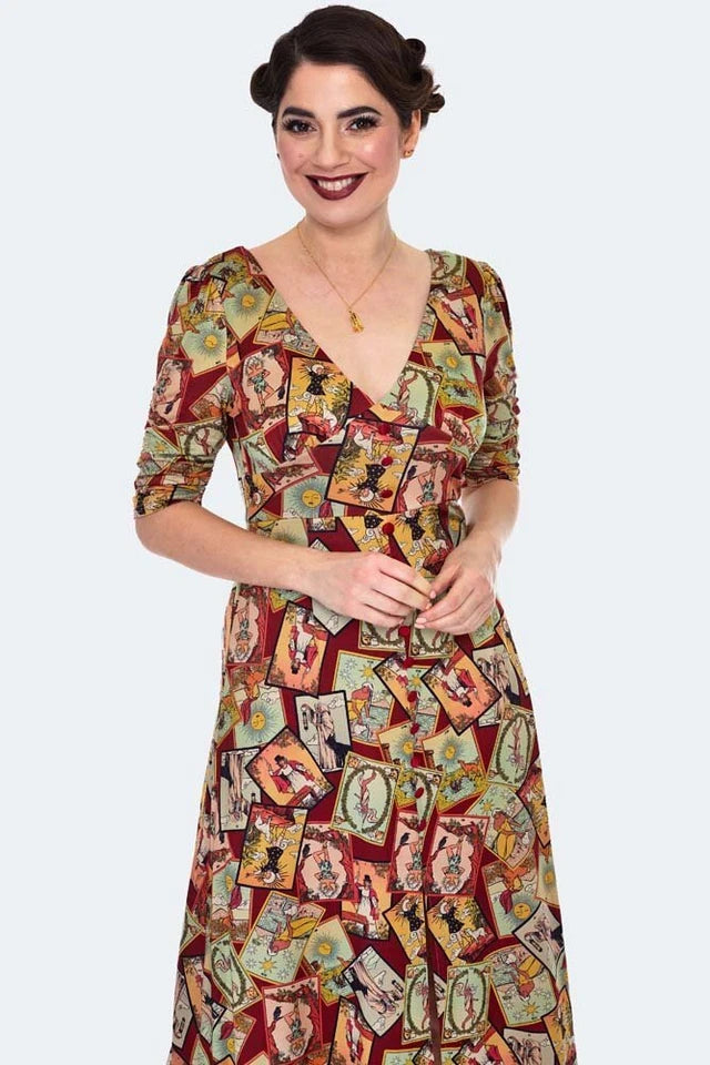 Retro Vintage Style Tarot Print Midi Dress