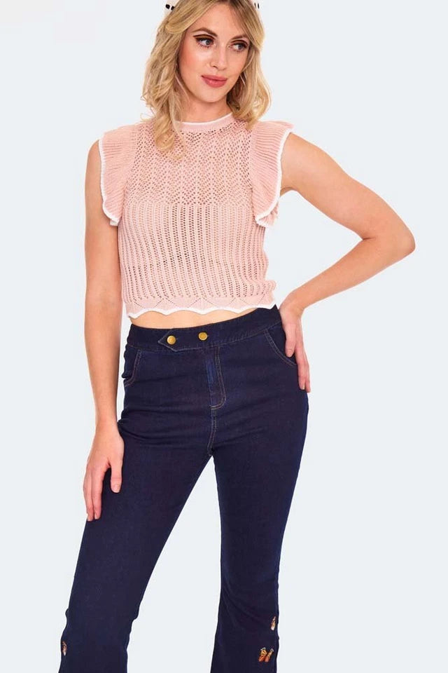 Retro Butterfly Embroidery Vintage Style Denim Trousers