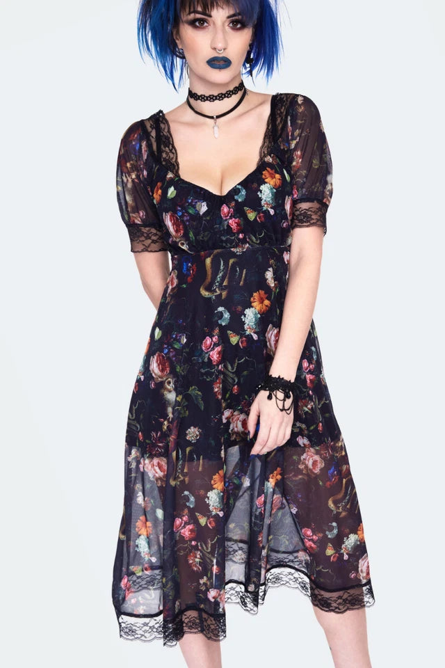 Gothic Night Garden Print Short Sleeve Dress Alternative Style