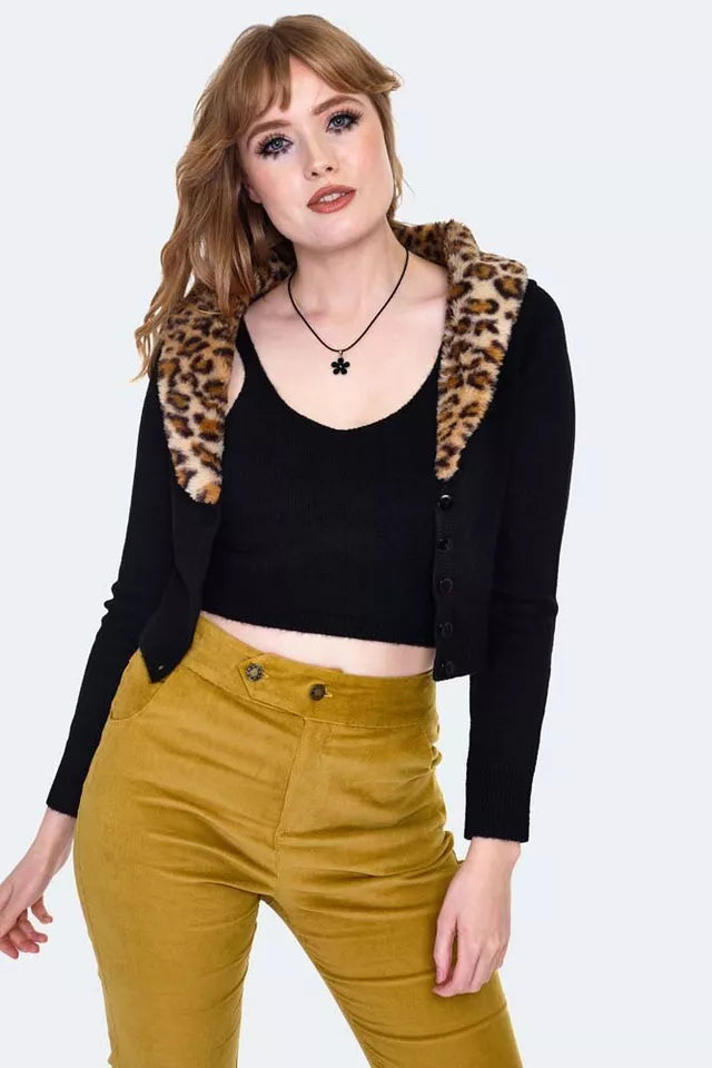 Leopard Fur Collar Ladies Cardigan Set Retro Vintage Style Fashion Cardigan Top