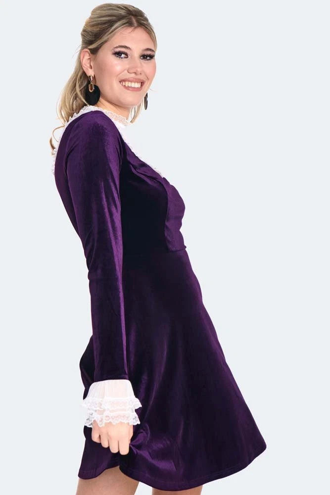 1960s Retro Vintage Style Ruffle Sleeve Velvet Flare Dress