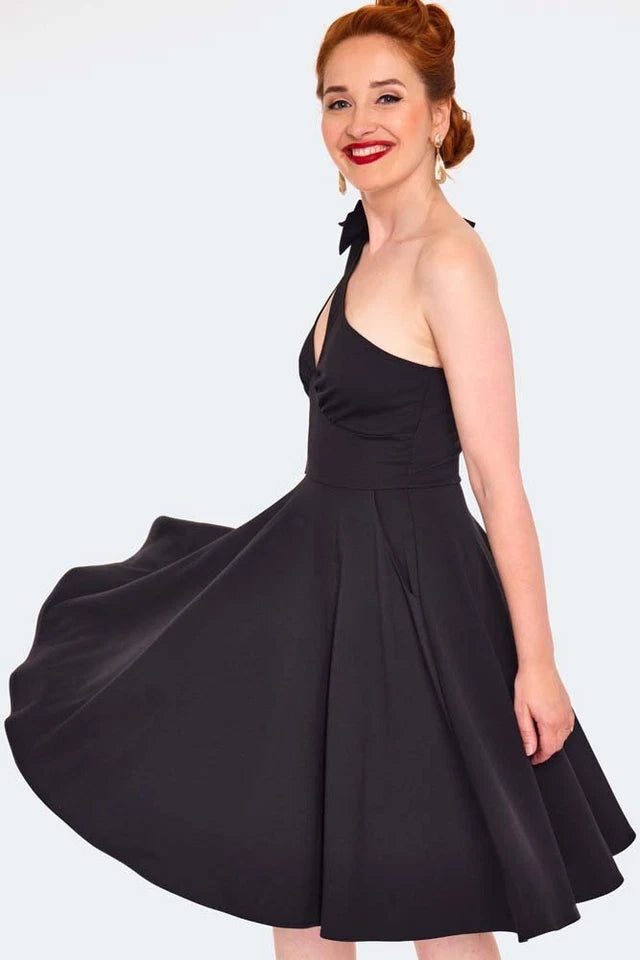 Retro BLACK ONE SHOULDER FLARE DRESS Vintage Style