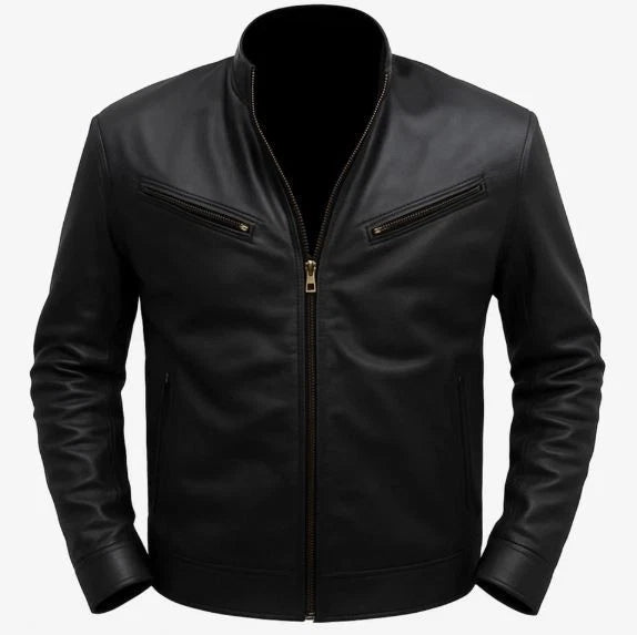 Men's Cafe Racer Black Slim Fit Genuine Leather Motorcycle Biker Style Jacket