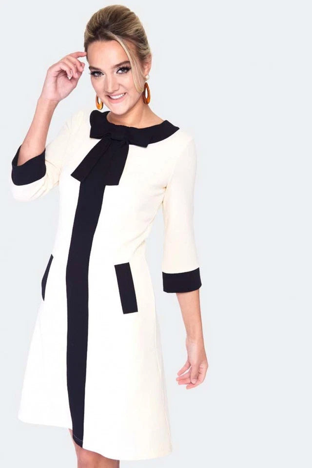 1960s RETRO Vintage Style 3/4 sleeve constrast stripe ivory dress