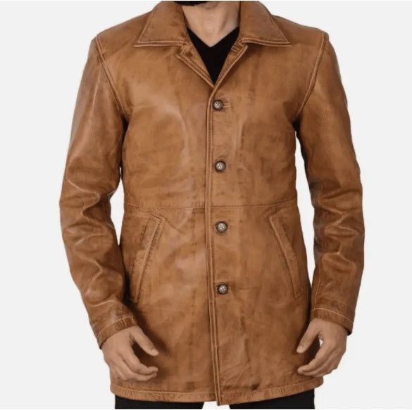 Genuine Leather Mens Camel 3/4 Length Car Winter Coat for Men - Mens Trench Coat