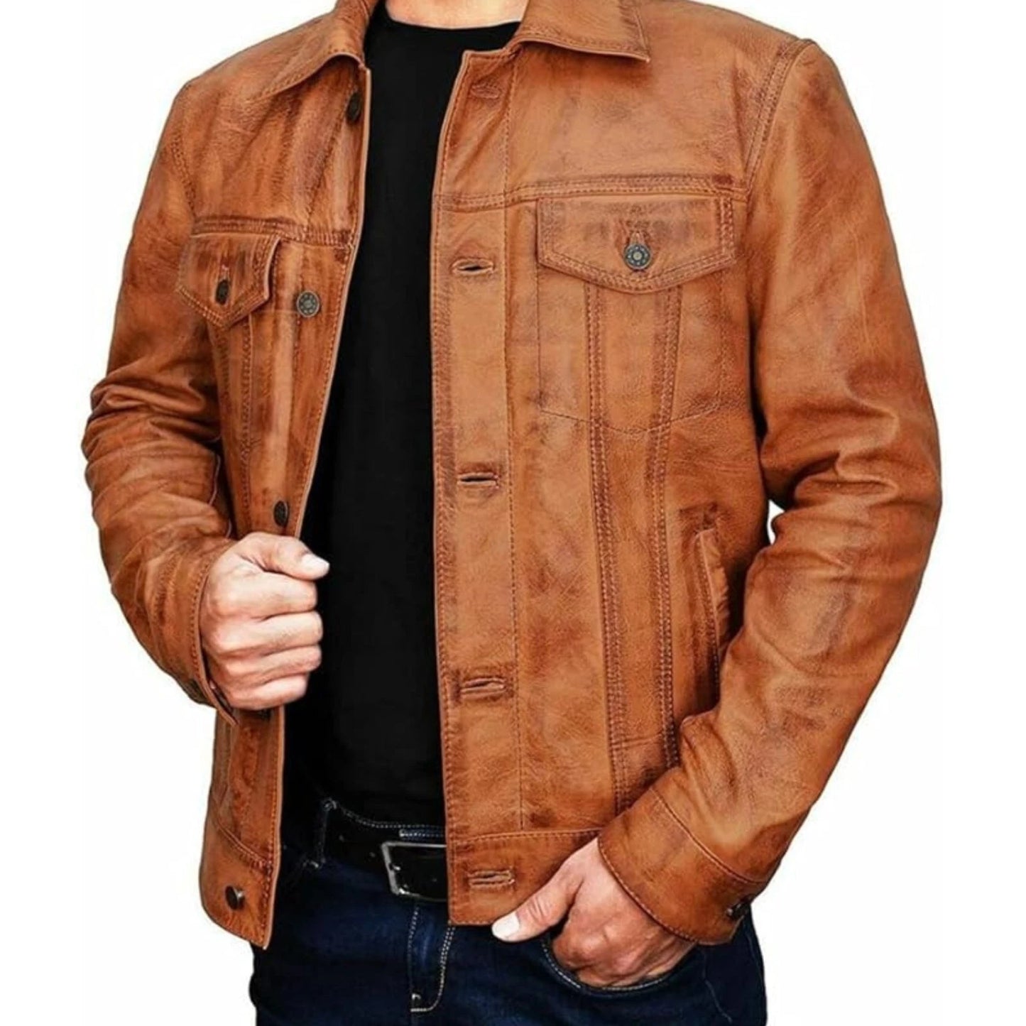 Men's Brown Tan Brown Leather Jacket Vintage Motorcycle Leather Jacket