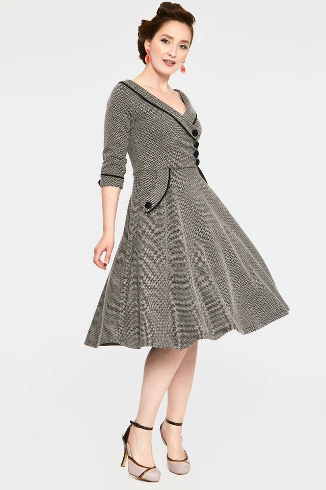 Marica Herringbone Retro Vintage Style Flared Dress