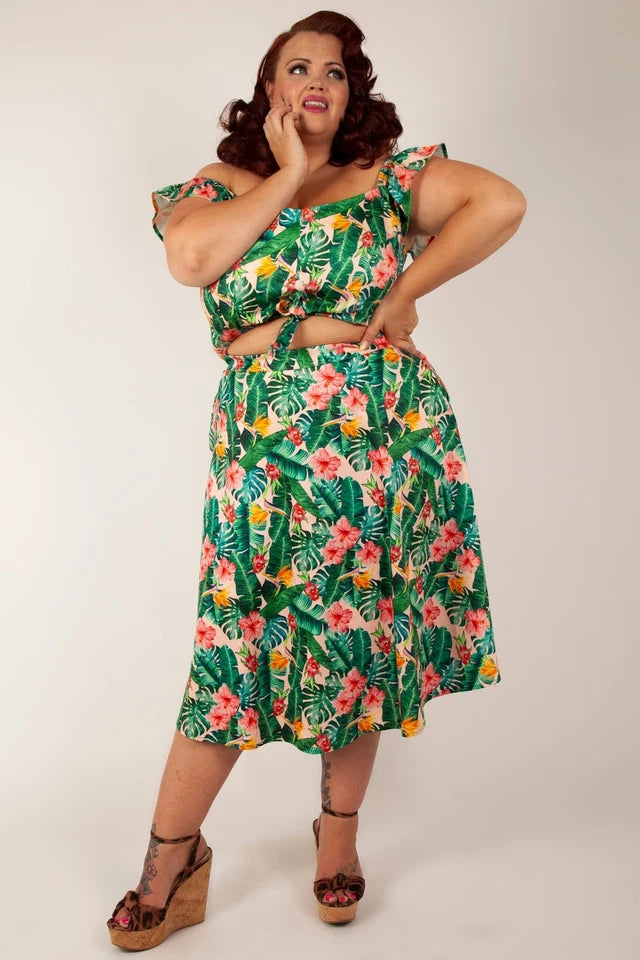 Curve Retro Vintage Style Valentina Floral Tropical Print Skirt