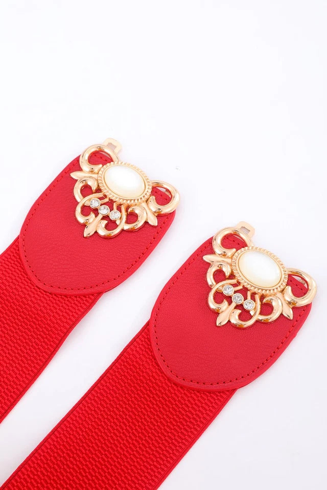 Retro Vintage Style Pearl Buckled Red Elasticated Belt