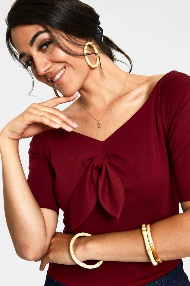 Anika Burgandy Tie Front Pullover Top V Neck Retro Style Women Top