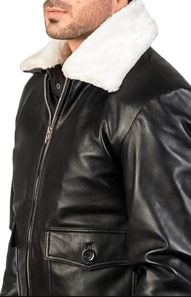 Men's Classic Aviator Style White Faux Fur Collar Brown Leather Bomber Jacket