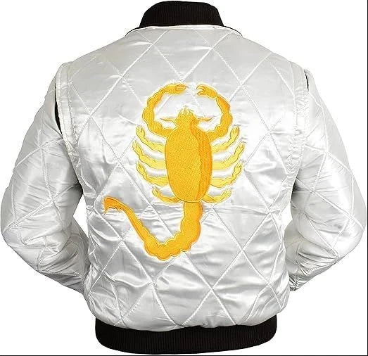 DRIVE Jacket Scorpion White Bomber Satin Quilted Ryan Gosling Costume Outerwear