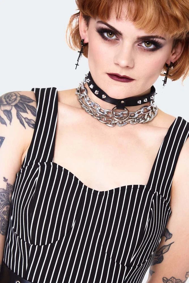 Gothic Pinstripe bodycre dress with waist belt Alternative Style